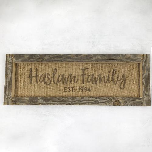 Family name etch onto burlap and framed